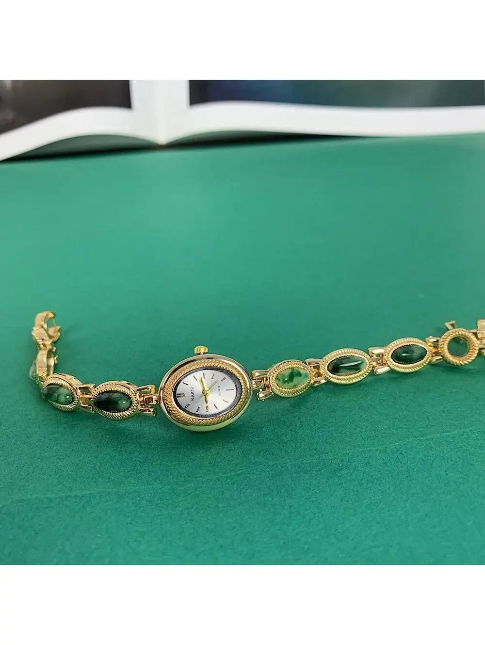 Y2K Gold Green Dainty Quartz Opal Jade Watch 8 Inch Unisex